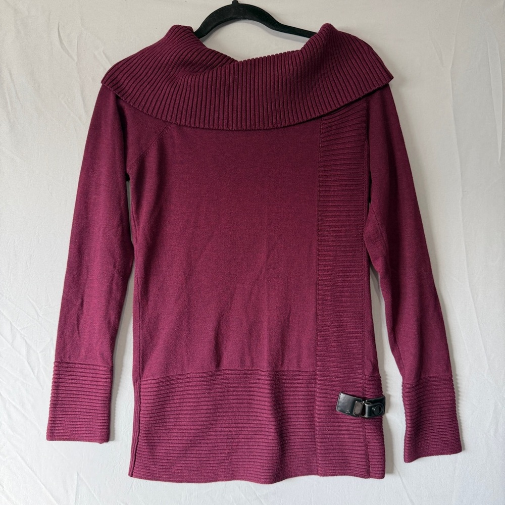 Le Chateau Womens Ribbed Cowl Neck Tunic Sweater M Burgundy Buckle Artsy Fall